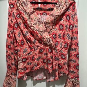 Free People Boho Floral Wrap Top - Orange M